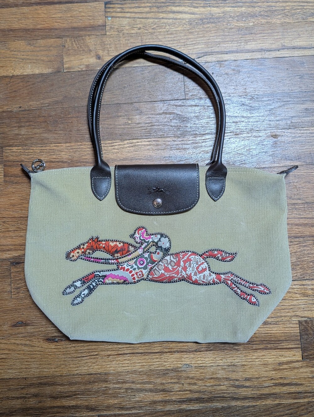 Longchamp Victoire Patchwork Corduroy Med Beige and Brown Leather Trim Tote - Picture 3 of 13